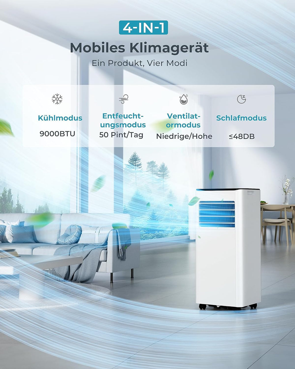 Mobile Klimaanlage 9000 BTU 4-in-1 mit Abluftschlauch, 16-32°C, 24h-Timer, 48 dB, Weiß