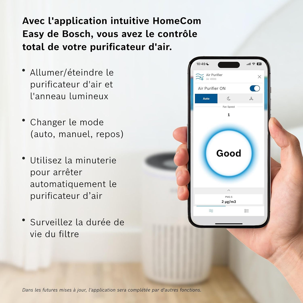 Bosch Air 4000i - Purificateur d'air intelligent - Couvre 62,5 m2 - Filtre efficacement plus de 99% des polluants - Mode Auto/Sommeil (< 25 dB(A)) - CADR : 300 m3/h - Connectivité avec écran et app