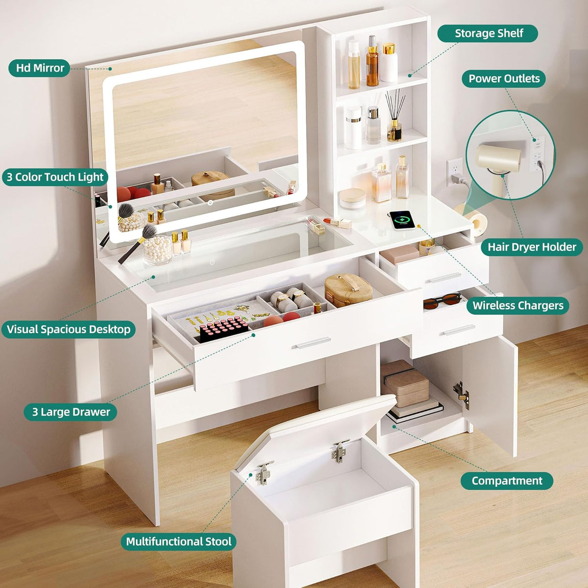 YITAHOME Coiffeuse avec Miroir LED à Luminosité Réglable, Table de Maquillage avec 3 Tiroirs et 2 étagères de Rangement Armoire Rangement Coiffeuse avec Tabouret Prise Commode Blanche