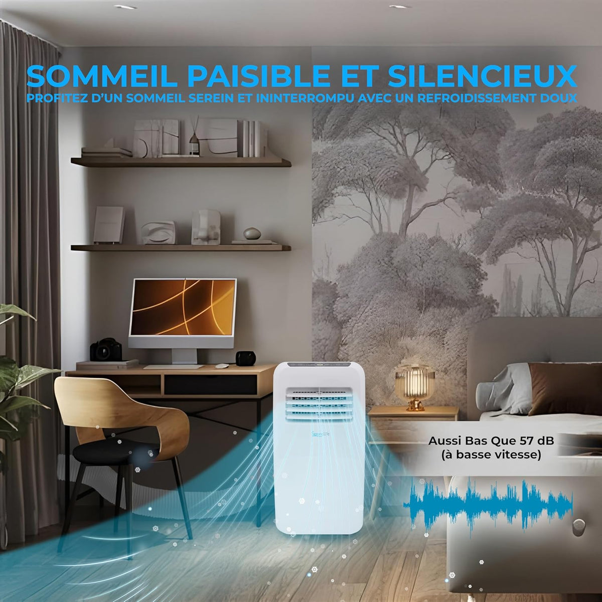 SereneLife Climatiseur Mobile Silencieux 7K BTU  Climatiseur Portable 3-en-1 avec Fonction Déshumidificateur Intégrée  Mode Ventilateur  Télécommande  Kit d'évacuation Complet pour Fenêtre Blanc