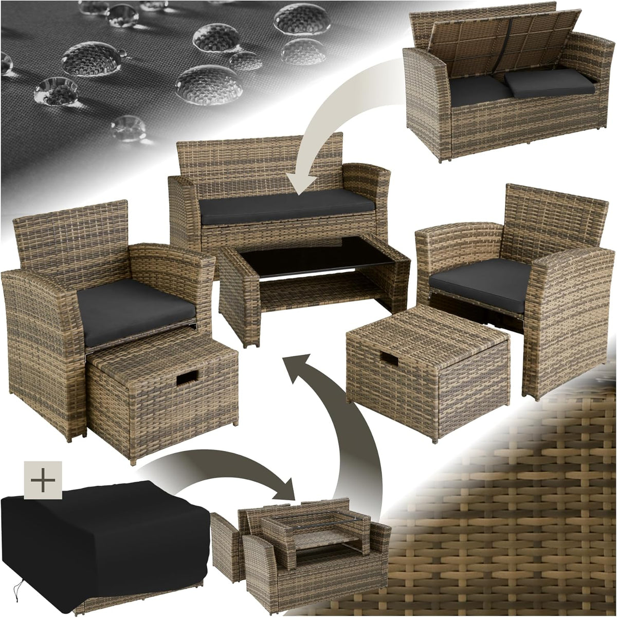 TecTake? Ensemble Salon de Jardin Exterieur en Poly Rotin 1 Banquette Exterieur 2 Fauteuil 2 Tabouret et 1 Table de Jardin, Mobilier de Jardin pour Amenagement Balcon - Marron Naturel