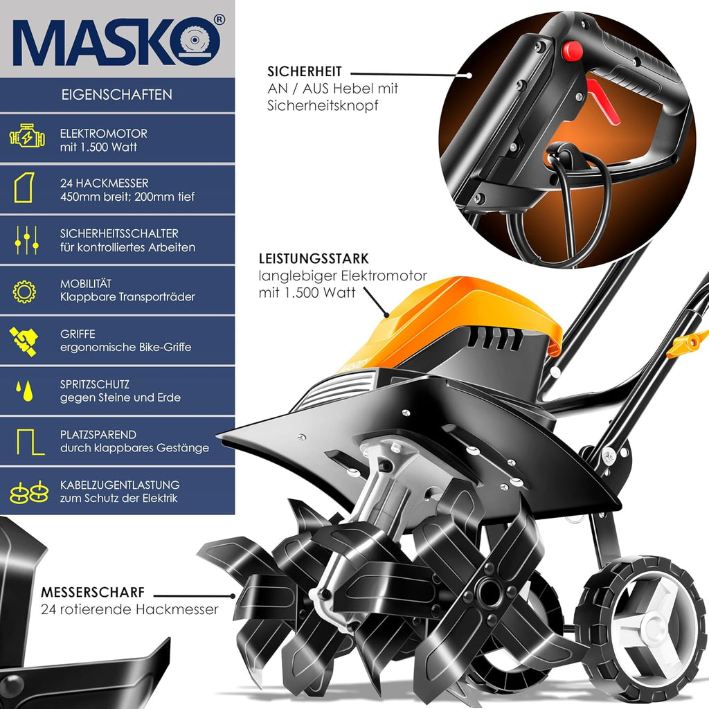 MASKO? Motobineuse électrique 1500 Watts | 40cm de Largeur de Travail, 20cm de Profondeur de Travail | Bineuse | Motoculteur à Fraise | Cultivateur | Fraiseuse de Jardin | Bineuse électrique/Orange
