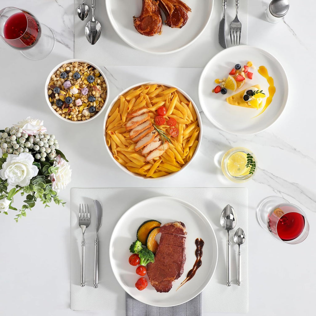 MALACASA, Série LEAH, Service de Table 24 Pièces en Porcelaine pour 6 Personnes | avec 6 Assiettes Plates, 6 Assiettes à Dessert, 6 Bols à Céréales et 6 Bols à Pate | Passe au Lave-vaisselle | Blanc