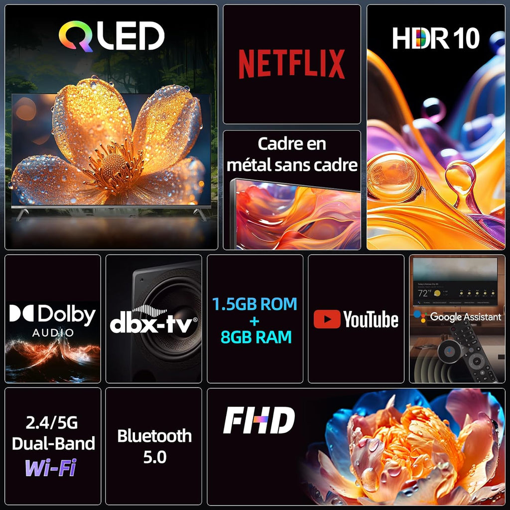 CHIQ L32QM9G 32 Pouces (80 cm) FHD Smart Téléviseur  QLED  HDR10  Google TV  Google Assistant  Tuner Triple  Dolby Audio  DBX-TV  Chromecast intégré  HDMI  USB  sans Cadre en Métal  Noir