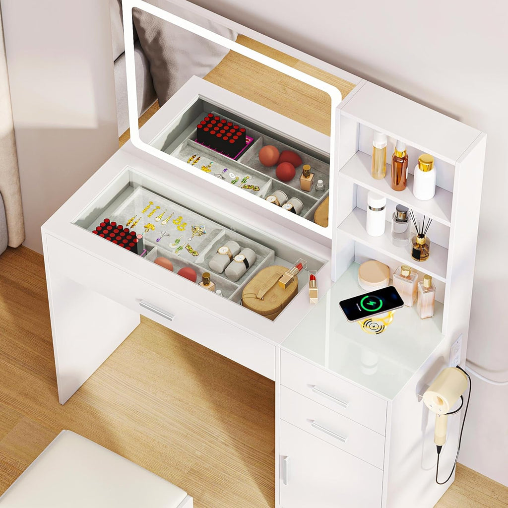 YITAHOME Coiffeuse avec Miroir LED à Luminosité Réglable, Table de Maquillage avec 3 Tiroirs et 2 étagères de Rangement Armoire Rangement Coiffeuse avec Tabouret Prise Commode Blanche