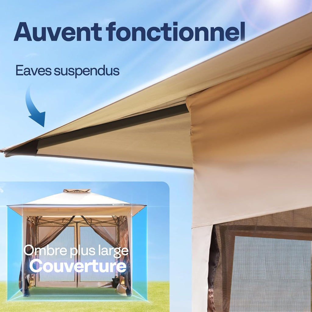 VIVOHOME Tente écran Tonnelle Pliante Portable résistant à l'eau Barnum Pavillon de Jardin avec Moustiquaire 2 Portes à Fermeture éclair et Sac Roulant (Beige & Marron, 3x3 m)