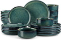 vancasso Série STARRY Service de Table 24 Pièces en Grès, Service Vaisselle 6 Personnes, avec 6 Assiettes Plates, 6 Assiettes à Dessert, 6 Assiettes Creuses, 6 Bols à Céréales, Vert à émail Réactif
