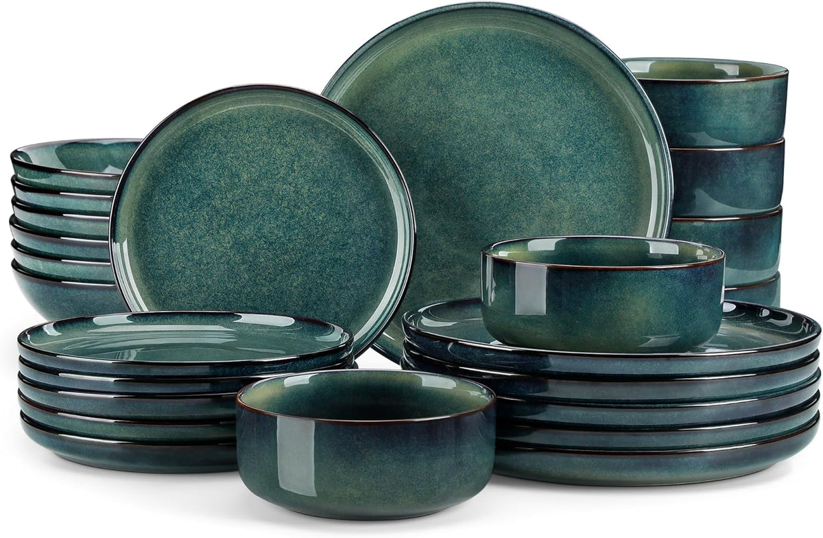 vancasso Série STARRY Service de Table 24 Pièces en Grès, Service Vaisselle 6 Personnes, avec 6 Assiettes Plates, 6 Assiettes à Dessert, 6 Assiettes Creuses, 6 Bols à Céréales, Vert à émail Réactif