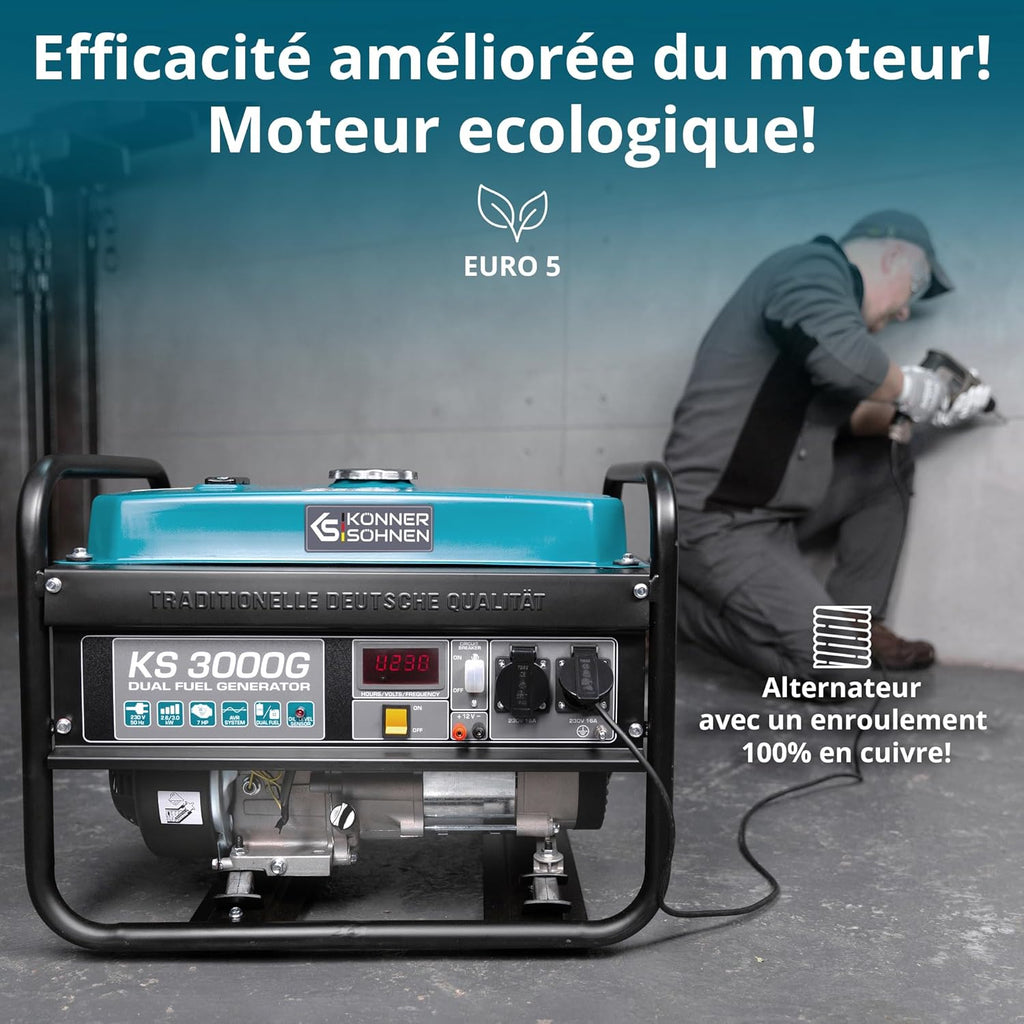 Groupe électrogène à essence KS 3000G generateur a gaz,puissance max 3000 W, 2x16A Schuko (230 V) EURO-V, régulateur de tension AVR,enroulement cuivre,generateur de courant, générateur hybride