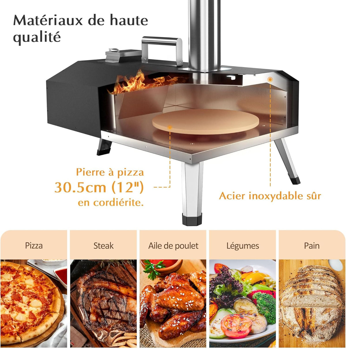 Four a Pizzas extérieurs à bois: KitchenBoss aciers inoxydables portable grille pizza avec pierre tournante de jardin avec granulés Combustible approprié : granulés, Charbon et briquettes