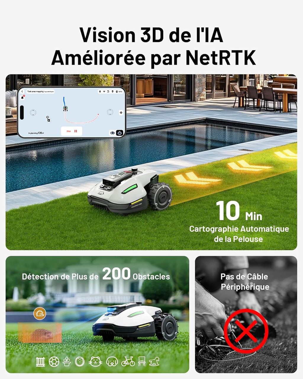 MAMMOTION YUKA Mini 500 Robot Tondeuse sans Fil Périphérique, NetRTK+Vision, Aucune Antenne RTK Requise, Recommandé 500 m2, Pente à 50%, Cartographie Automatique, avec Module 4G