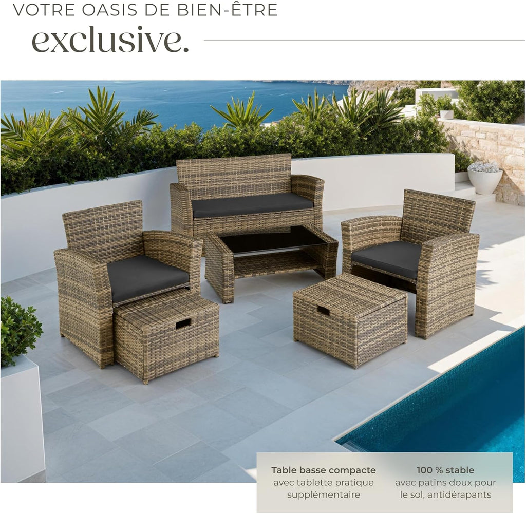 TecTake? Ensemble Salon de Jardin Exterieur en Poly Rotin 1 Banquette Exterieur 2 Fauteuil 2 Tabouret et 1 Table de Jardin, Mobilier de Jardin pour Amenagement Balcon - Marron Naturel