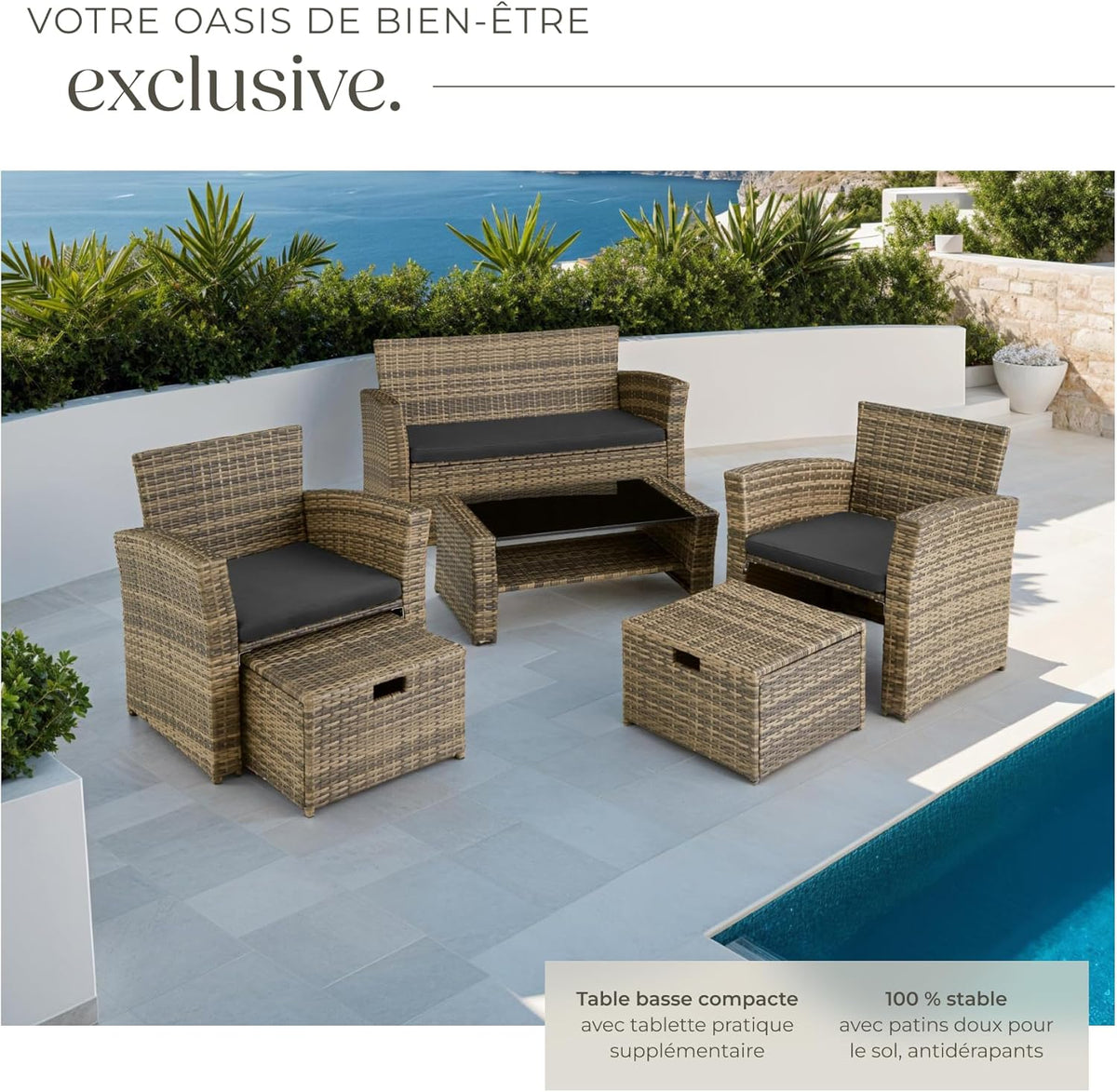 TecTake? Ensemble Salon de Jardin Exterieur en Poly Rotin 1 Banquette Exterieur 2 Fauteuil 2 Tabouret et 1 Table de Jardin, Mobilier de Jardin pour Amenagement Balcon - Marron Naturel