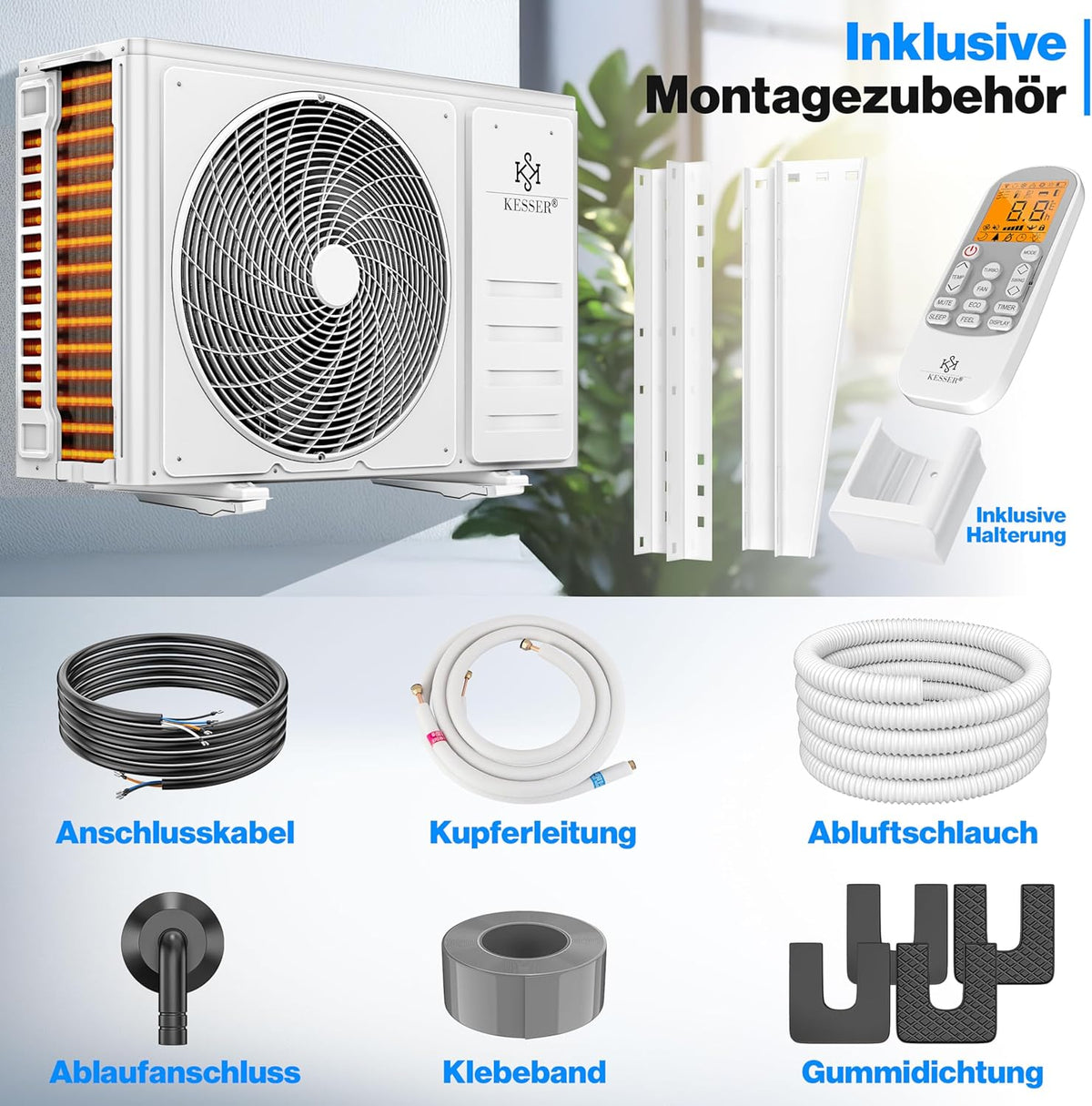 KESSER? Climatisation SET réversible - Climatiseur avec fonction WiFi/Application - Refroidissement A++/ Chauffage A+  Fluide réfrigérant R32 - écran LCD  Split 9000 BTU/h / 2600 Watt - Anthrazit