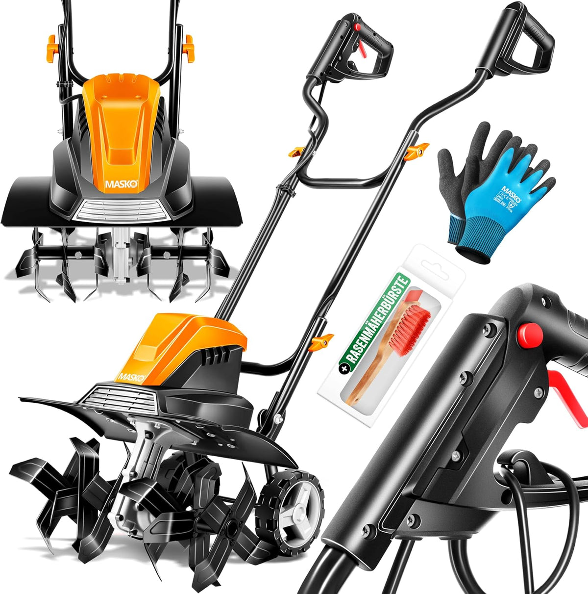 MASKO? Motobineuse électrique 1500 Watts | 40cm de Largeur de Travail, 20cm de Profondeur de Travail | Bineuse | Motoculteur à Fraise | Cultivateur | Fraiseuse de Jardin | Bineuse électrique/Orange