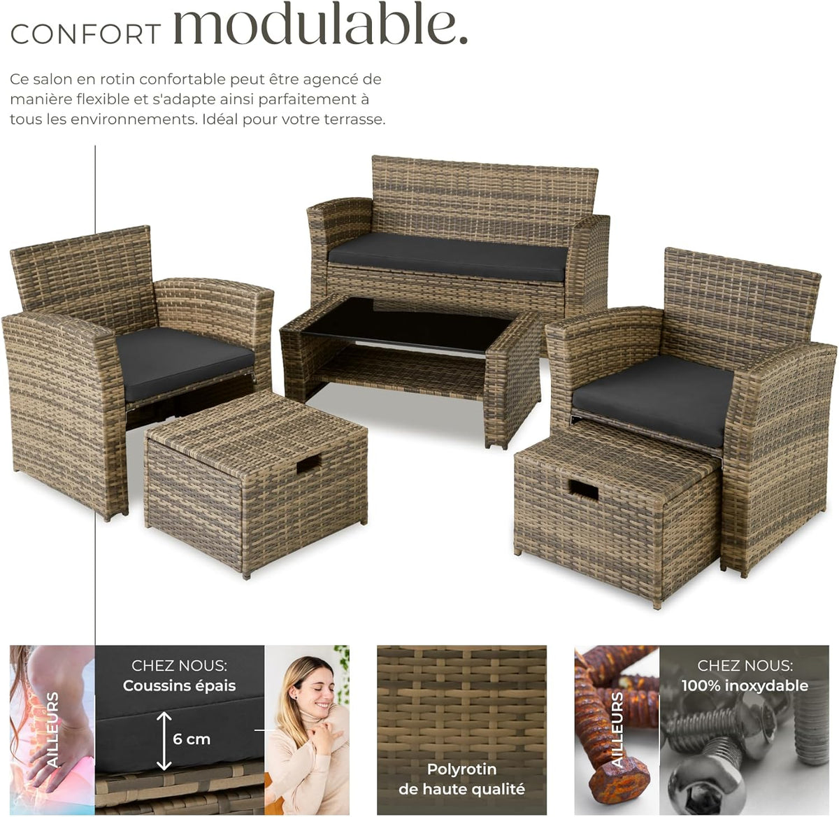 TecTake? Ensemble Salon de Jardin Exterieur en Poly Rotin 1 Banquette Exterieur 2 Fauteuil 2 Tabouret et 1 Table de Jardin, Mobilier de Jardin pour Amenagement Balcon - Marron Naturel
