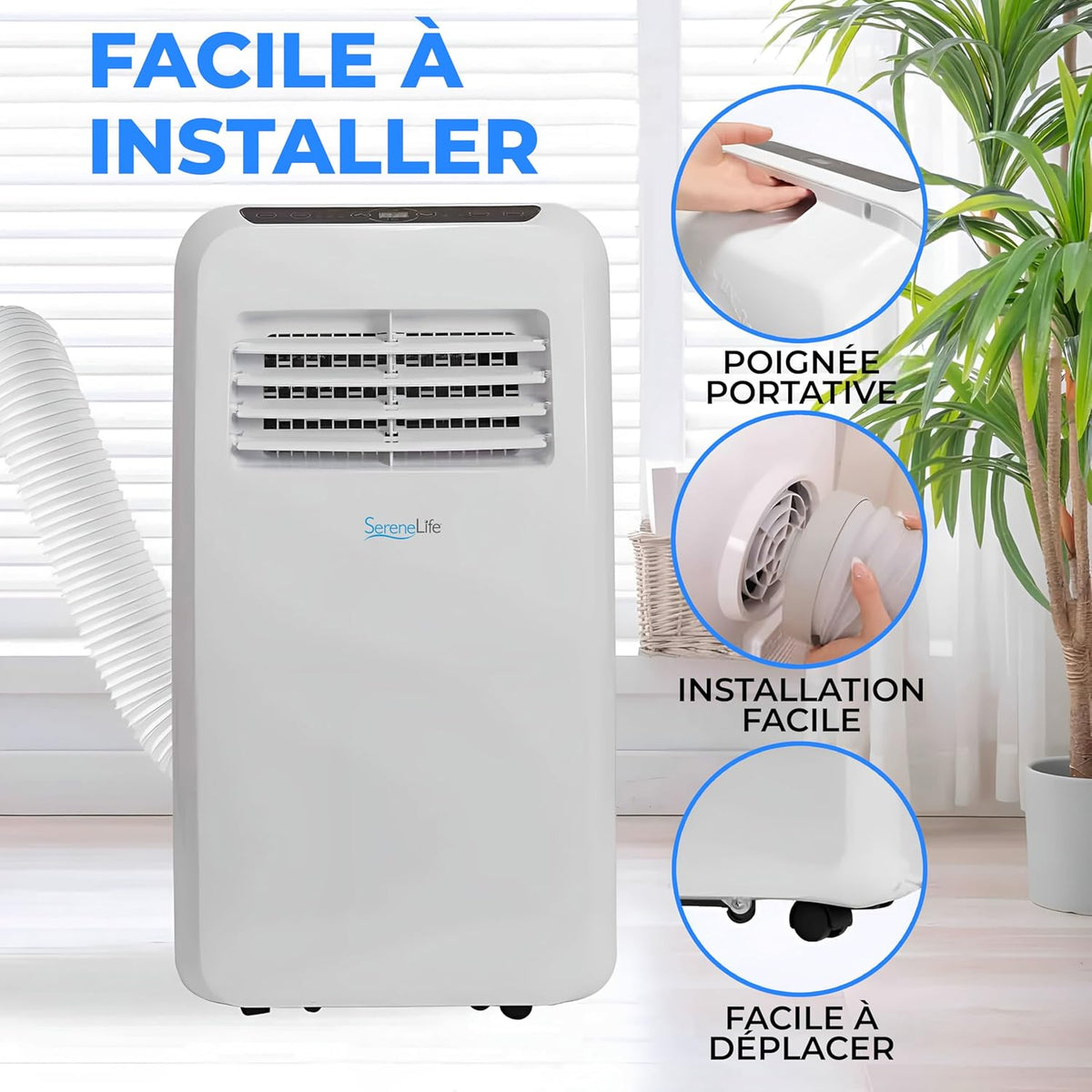 SereneLife Climatiseur Mobile Silencieux 7K BTU  Climatiseur Portable 3-en-1 avec Fonction Déshumidificateur Intégrée  Mode Ventilateur  Télécommande  Kit d'évacuation Complet pour Fenêtre Blanc