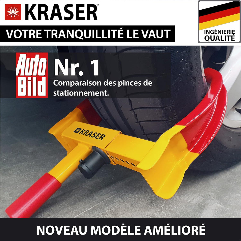 KRASER WA820 Antivol Voiture Sabot Roue, N1 Allemagne, Haute Sécurité Serrure Anti-Per?age, Antivol Caravane Visible Dissuasif, Blocage Anti vol Universel Réglable 18-29 cm Auto, Camping Car, Remorque
