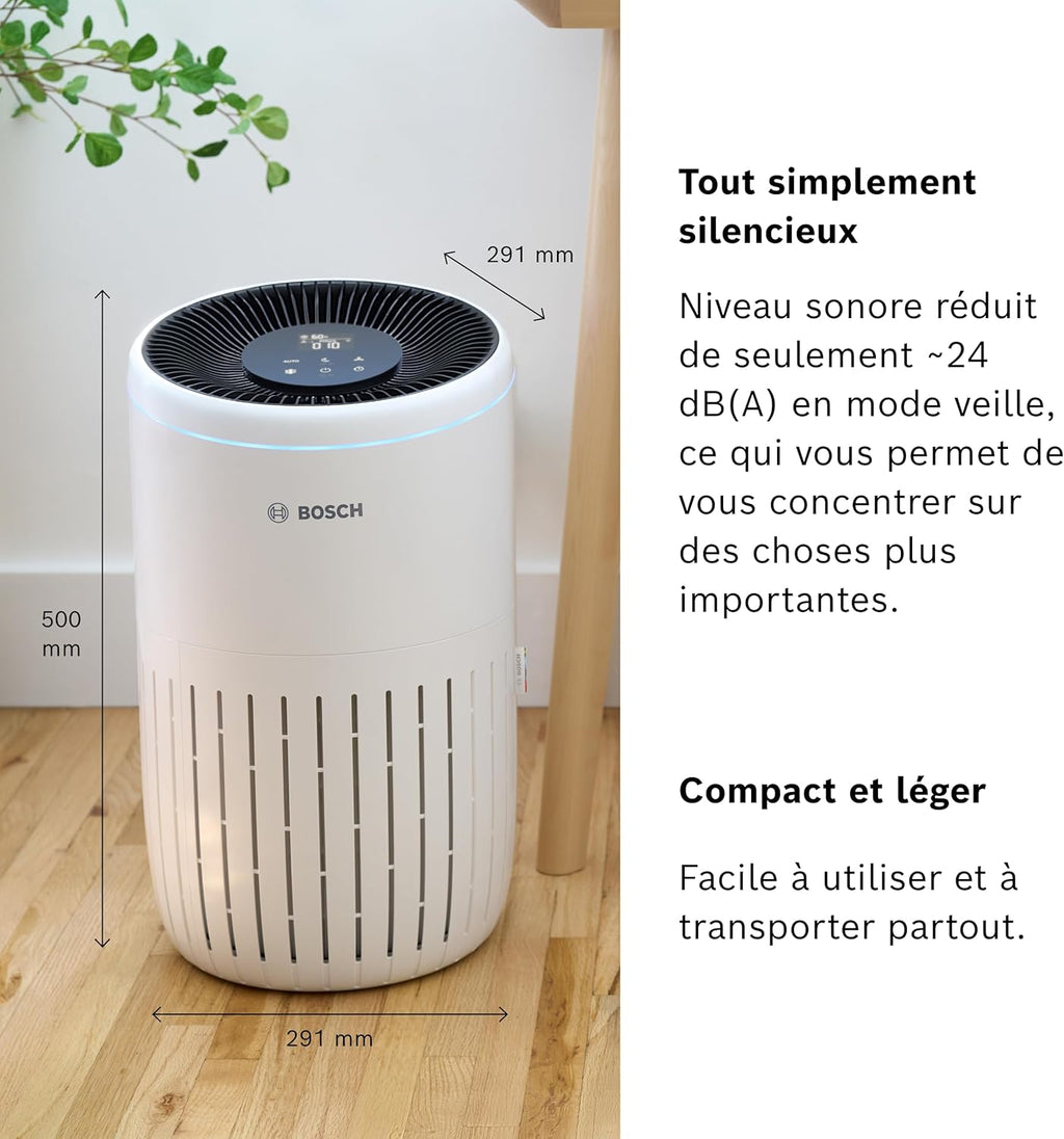 Bosch Air 4000i - Purificateur d'air intelligent - Couvre 62,5 m2 - Filtre efficacement plus de 99% des polluants - Mode Auto/Sommeil (< 25 dB(A)) - CADR : 300 m3/h - Connectivité avec écran et app