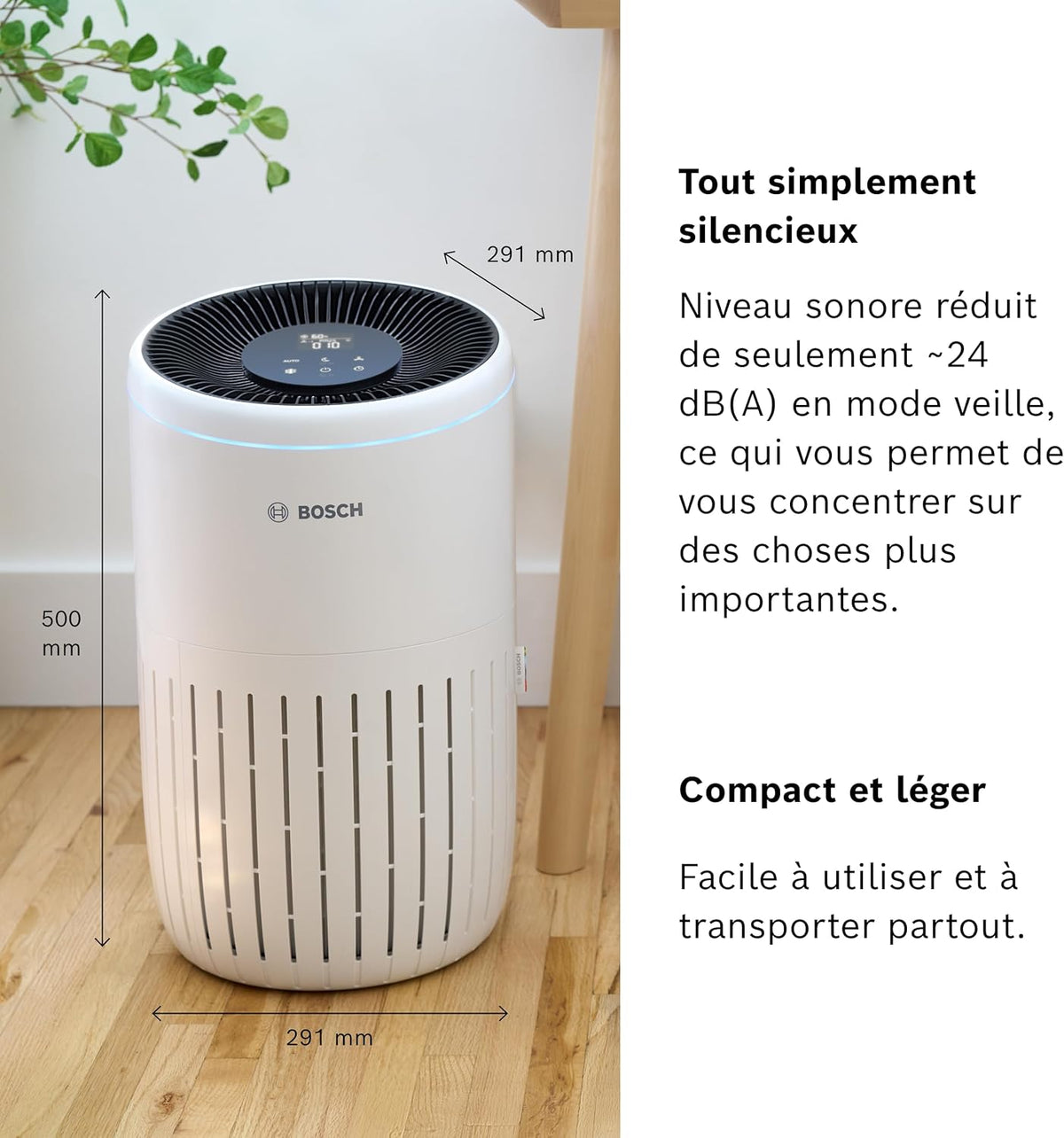 Bosch Air 4000i - Purificateur d'air intelligent - Couvre 62,5 m2 - Filtre efficacement plus de 99% des polluants - Mode Auto/Sommeil (< 25 dB(A)) - CADR : 300 m3/h - Connectivité avec écran et app