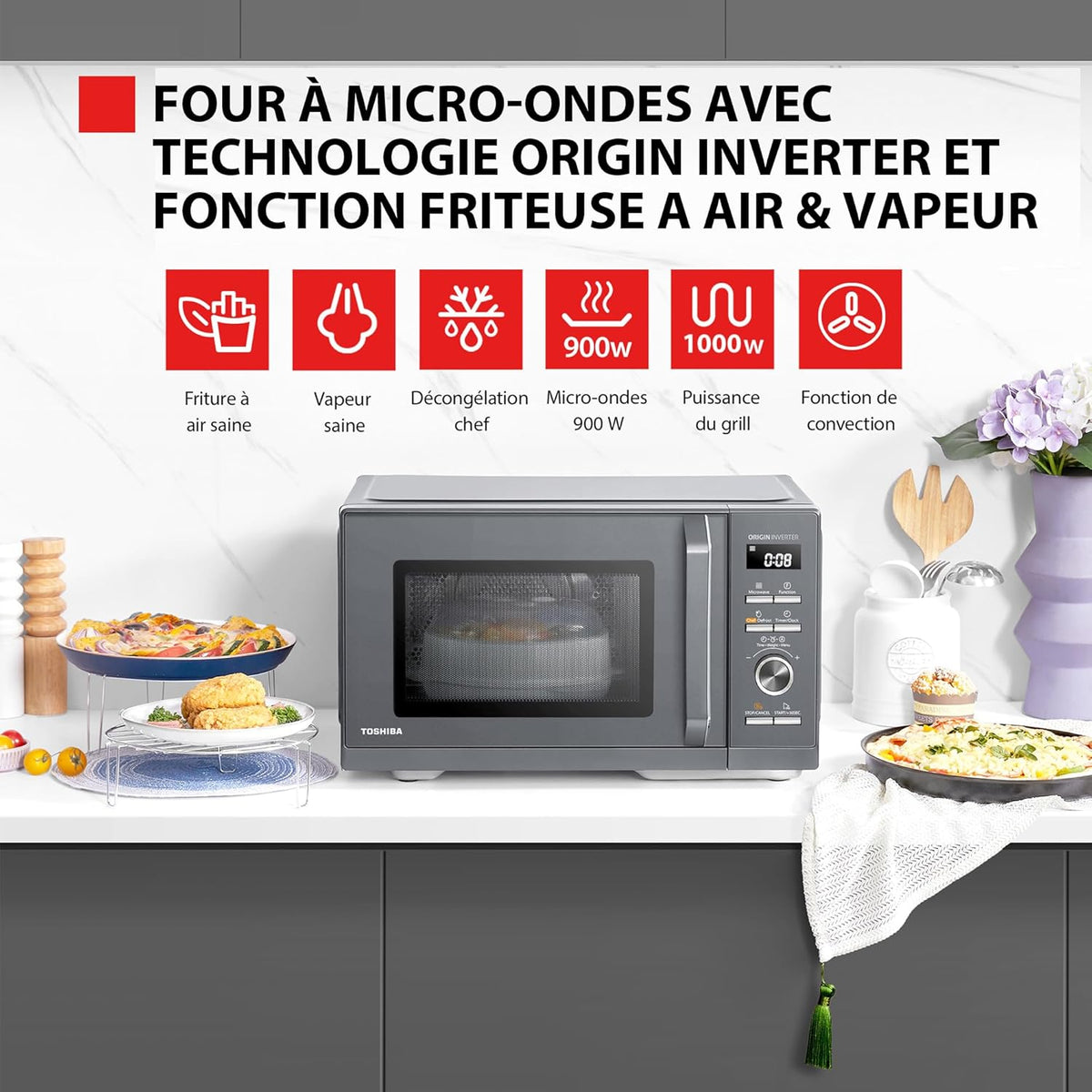 Toshiba MW3-AC26PFI(MG) Four à Micro-ondes 26L Air chaud combiné, 6-en-1 900W avec Cuiseur Vapeur en Gris Morandi, 6 Programmes 10 Niveaux de Puissance, 10 Menus Automatiques