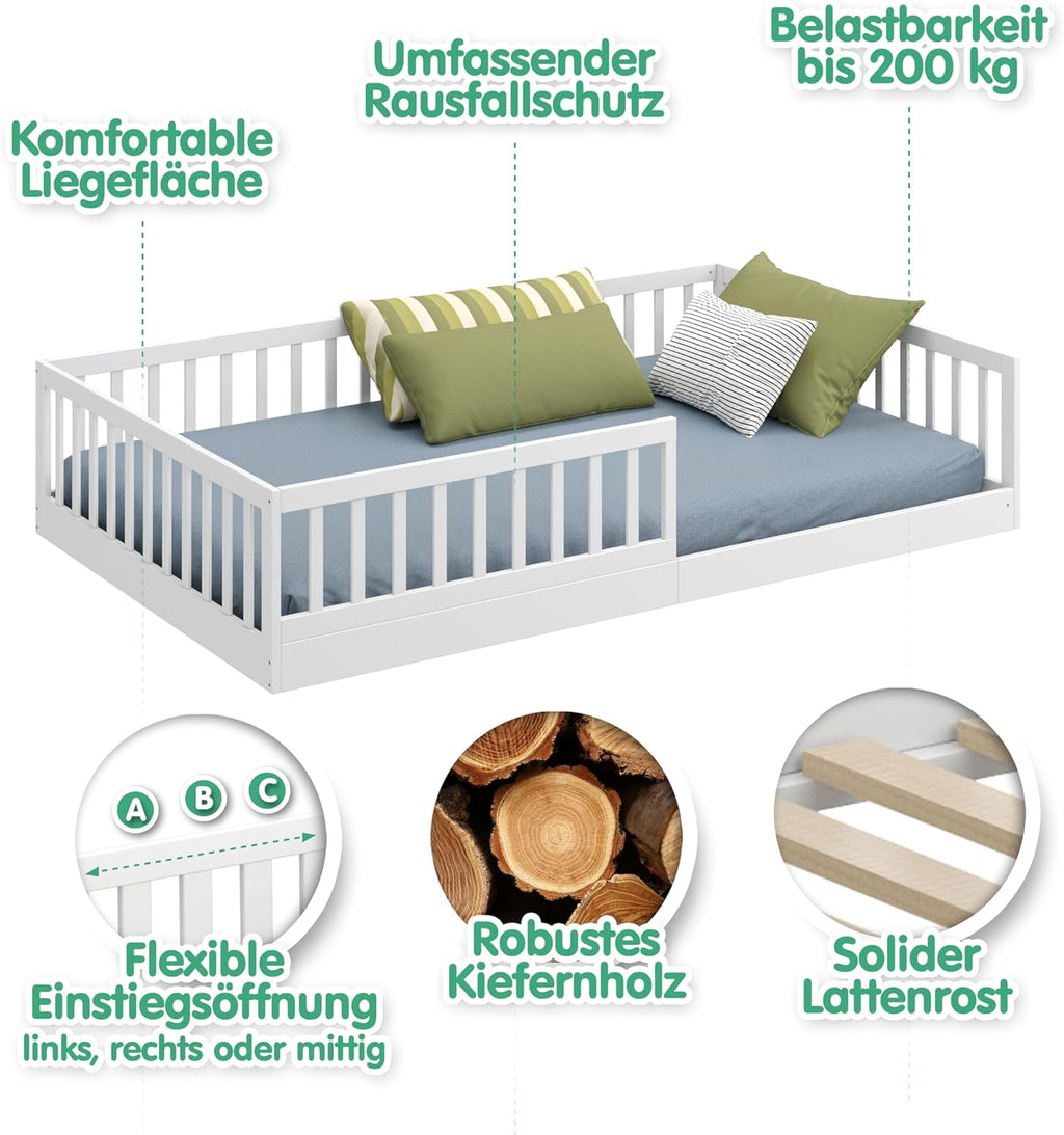 CADANI Timi 2en1 Lit au Sol 120x200 cm Lit Enfant Montessori avec Barrière de Sécurité et Sommier à Lattes, Bois Massif Pin, Blanc, 3 Variantes de Construction, Transformable