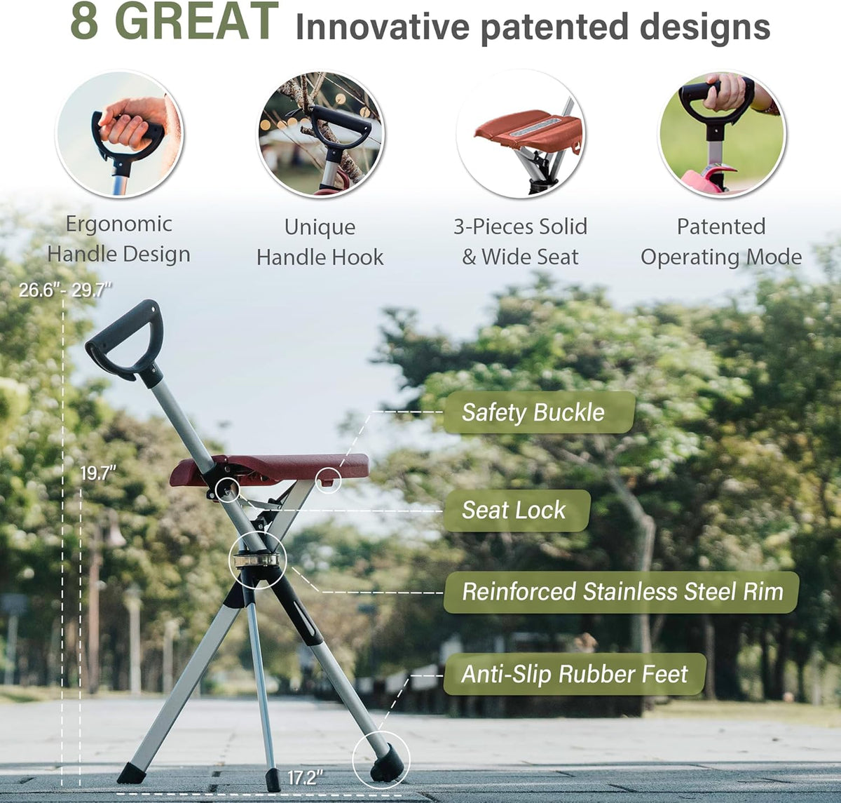 STEP2GOLD Ta-Da Chair Series 2 - Canne de Marche avec siège, Cadre léger en Aluminium, Tabouret Pliable Robuste (jusqu'à 136 kg) Facile à Plier, idéal pour randonnée et activités en Plein air