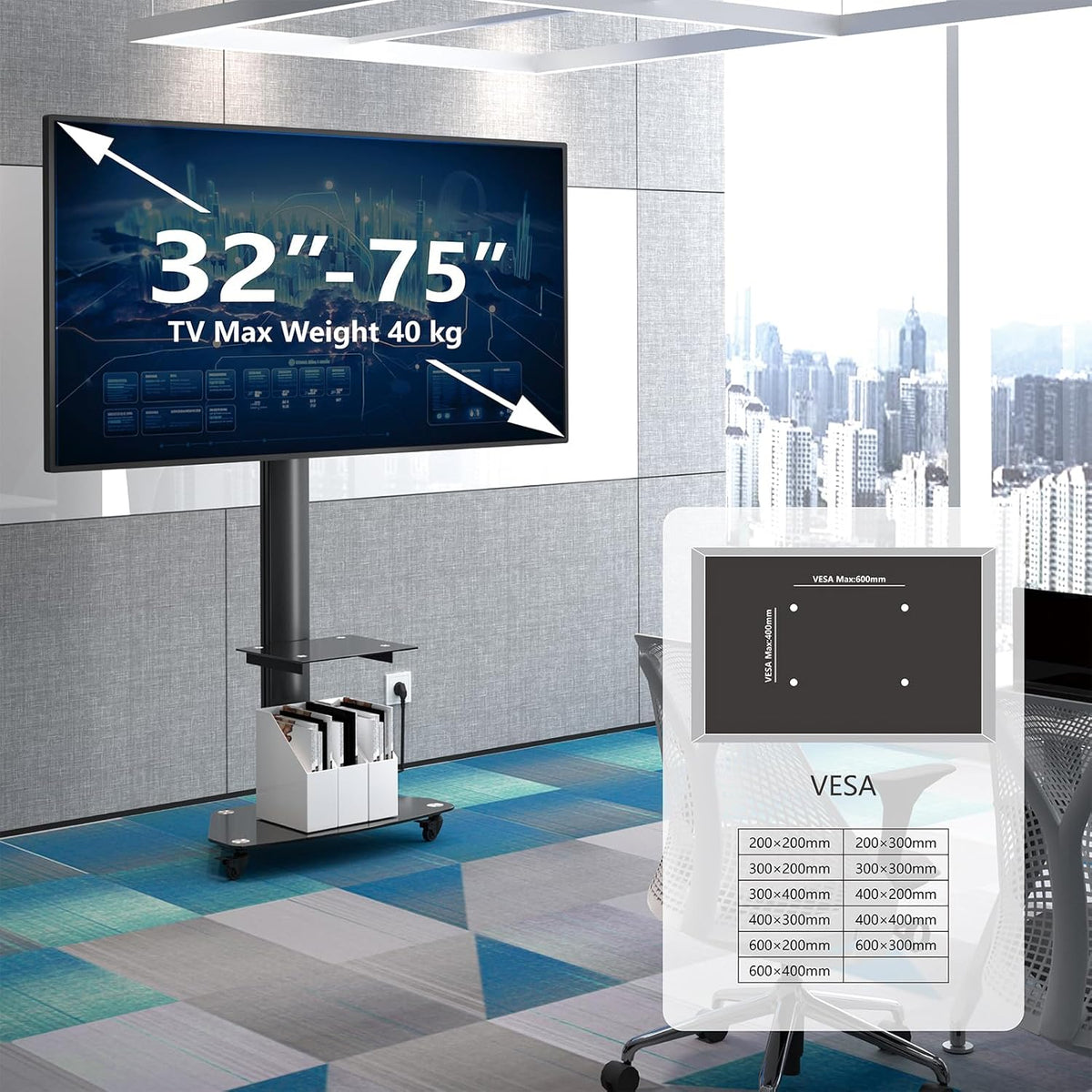 XTRARM Proton 300 Support TV en aluminium sur roulettes avec étagère, pour téléviseurs de 32 à 75" jusqu'à 40 kg, avec multiprise USB, rotatif à 90 °/209 cm, réglable en hauteur, Vesa 600 x 400, noir