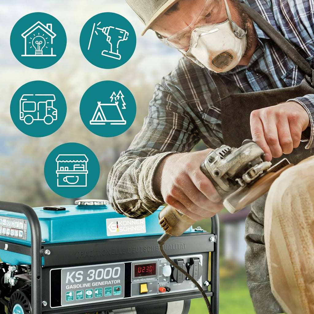 Groupe électrogène à essence KS 3000 puissance max 3000 W, prises Schuko 2x16A (230 V), EURO-V, régulateur de tension automatique (AVR),moteur électrique enroulement 100% cuivre,generateur de courant