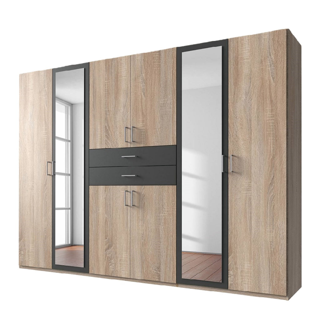 Houten kledingkast met spiegel en lades in natuurlijk hout en zwart, vooraanzicht