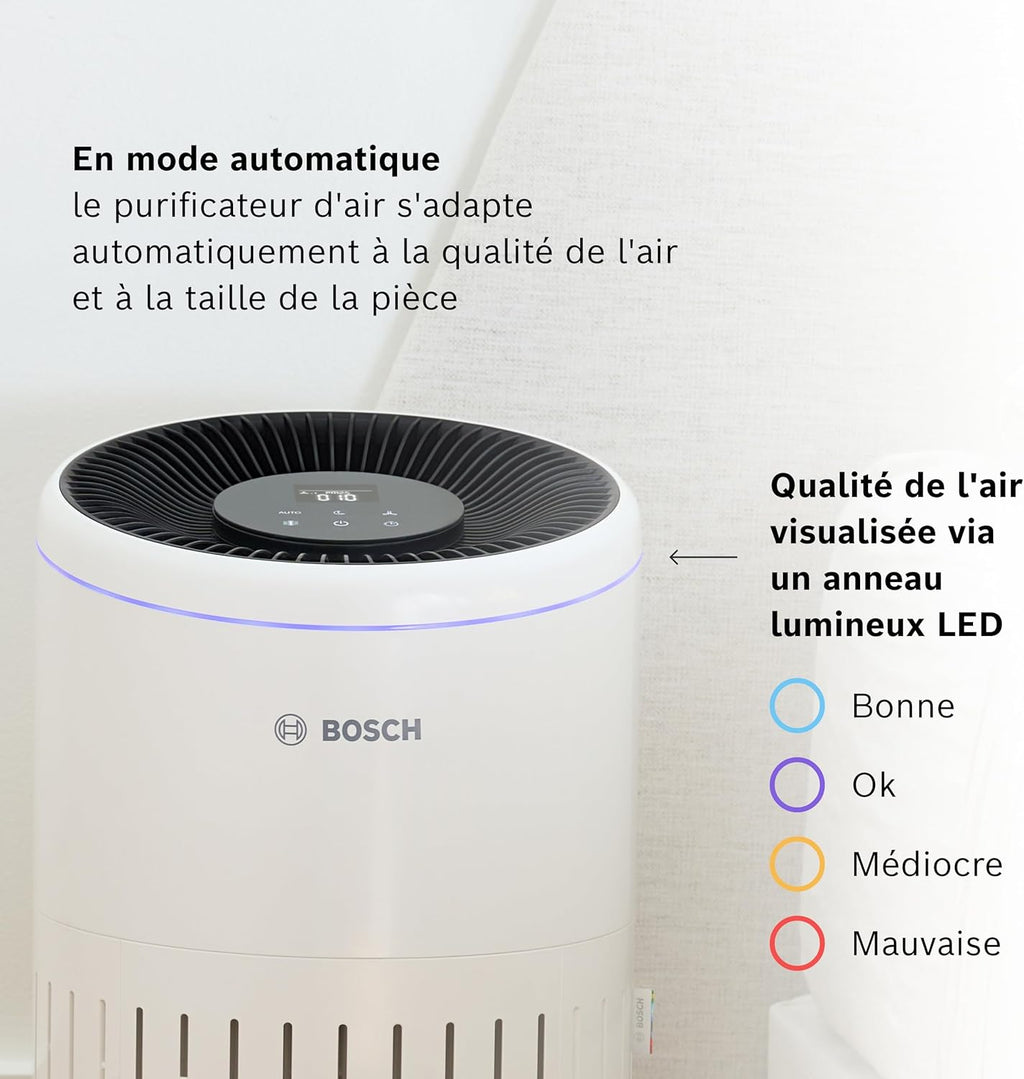 Bosch Air 4000 - Purificateur d'air - Pour les pièces jusqu'à 62,5 m2 - Filtre efficacement plus de 99% des polluants - Un capteur intelligent, modes auto et silence (< 25 dB(A)) - CADR : 300 m3/h