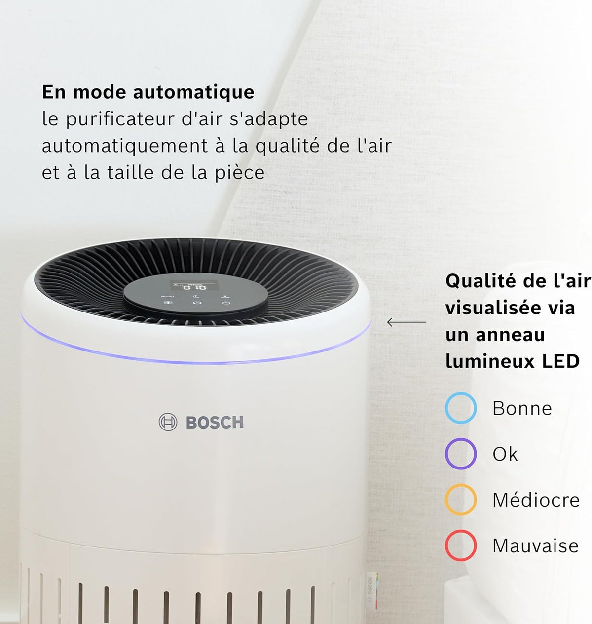 Bosch Air 4000 - Purificateur d'air - Pour les pièces jusqu'à 62,5 m2 - Filtre efficacement plus de 99% des polluants - Un capteur intelligent, modes auto et silence (< 25 dB(A)) - CADR : 300 m3/h