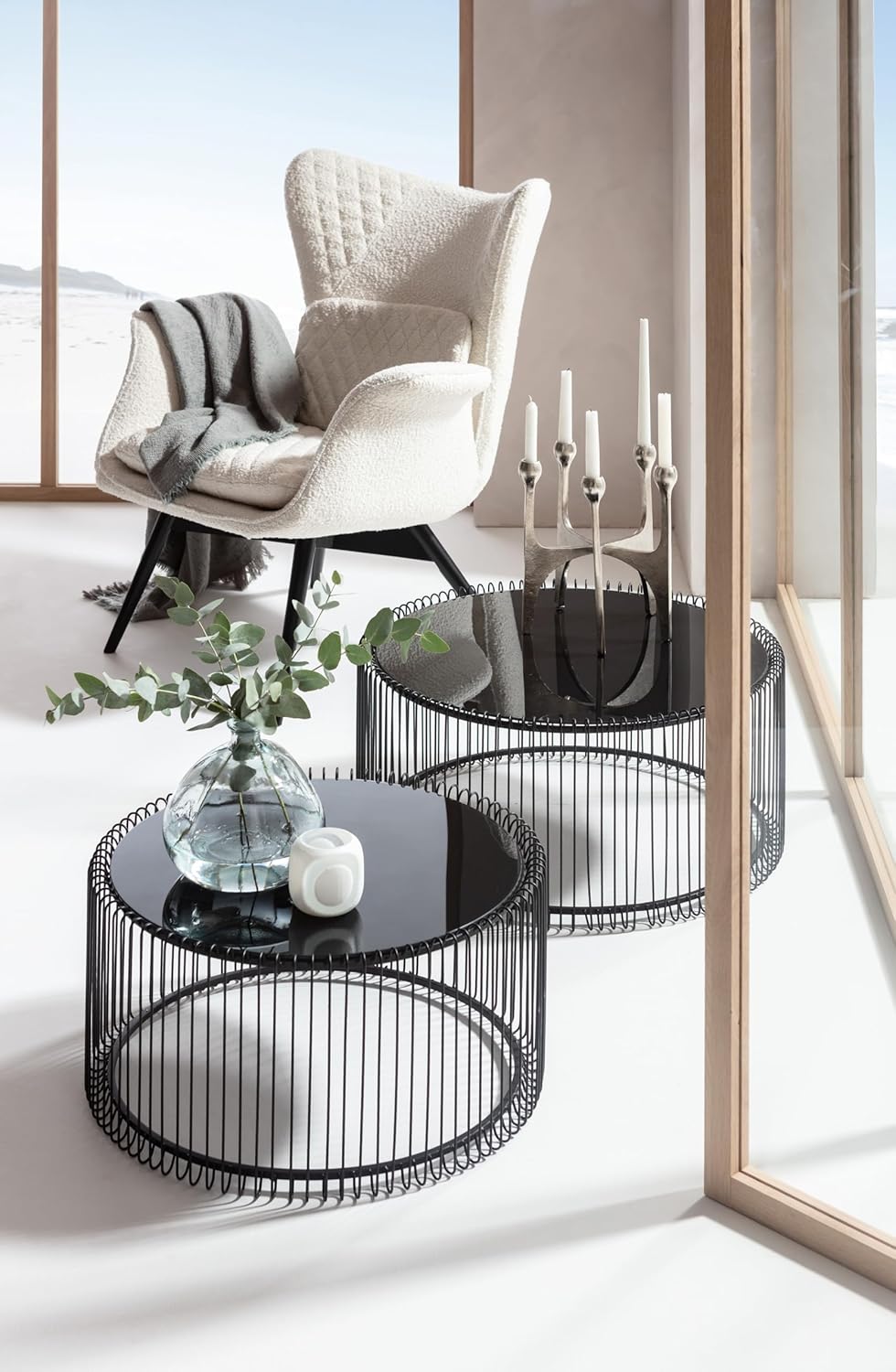 Kare Design Tables Basses Wire, Lot de 2, Noir, Rond, Acier, Plateau de Table en Verre, Diamètre 70/60cm, Style Moderne, élégante, Table Basse Salon, Deco Intérieur, Décoration Chambre