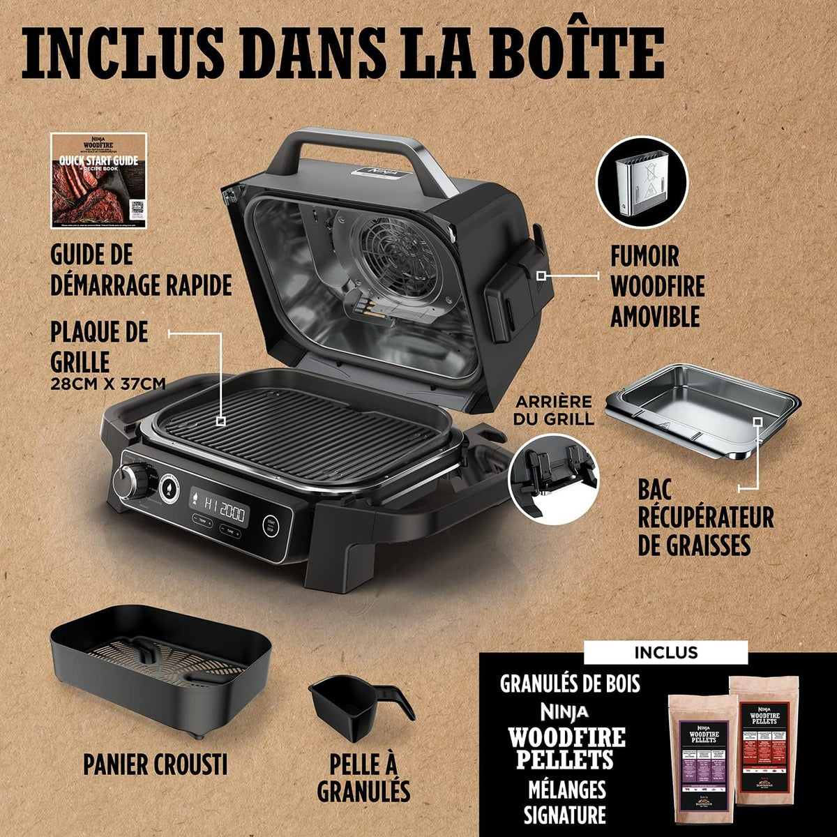 Ninja Woodfire barbecue électrique, grill, fumoir & air fryer, barbecue extérieur 7 en 1, grill, air fryer, fumer, r?tir, four, résistant aux intempéries, antiadhésif, portatif, gris/noir OG701EU