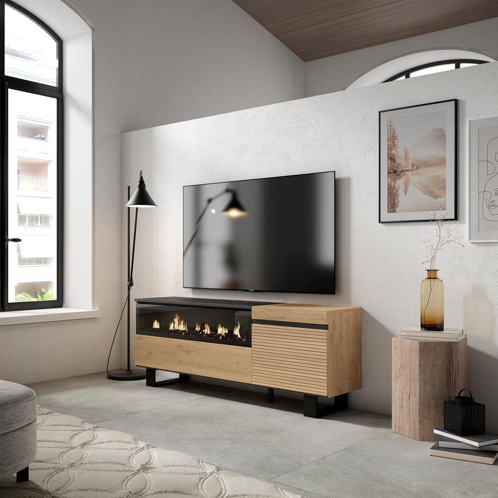 Skraut Home | Meuble TV | Banc Télé | Grand Espace de Rangement | 150x57x35cm | pour Les TV jusqu'à 65" | Cheminée électrique | Design Industriel | Style Moderne | Chêne