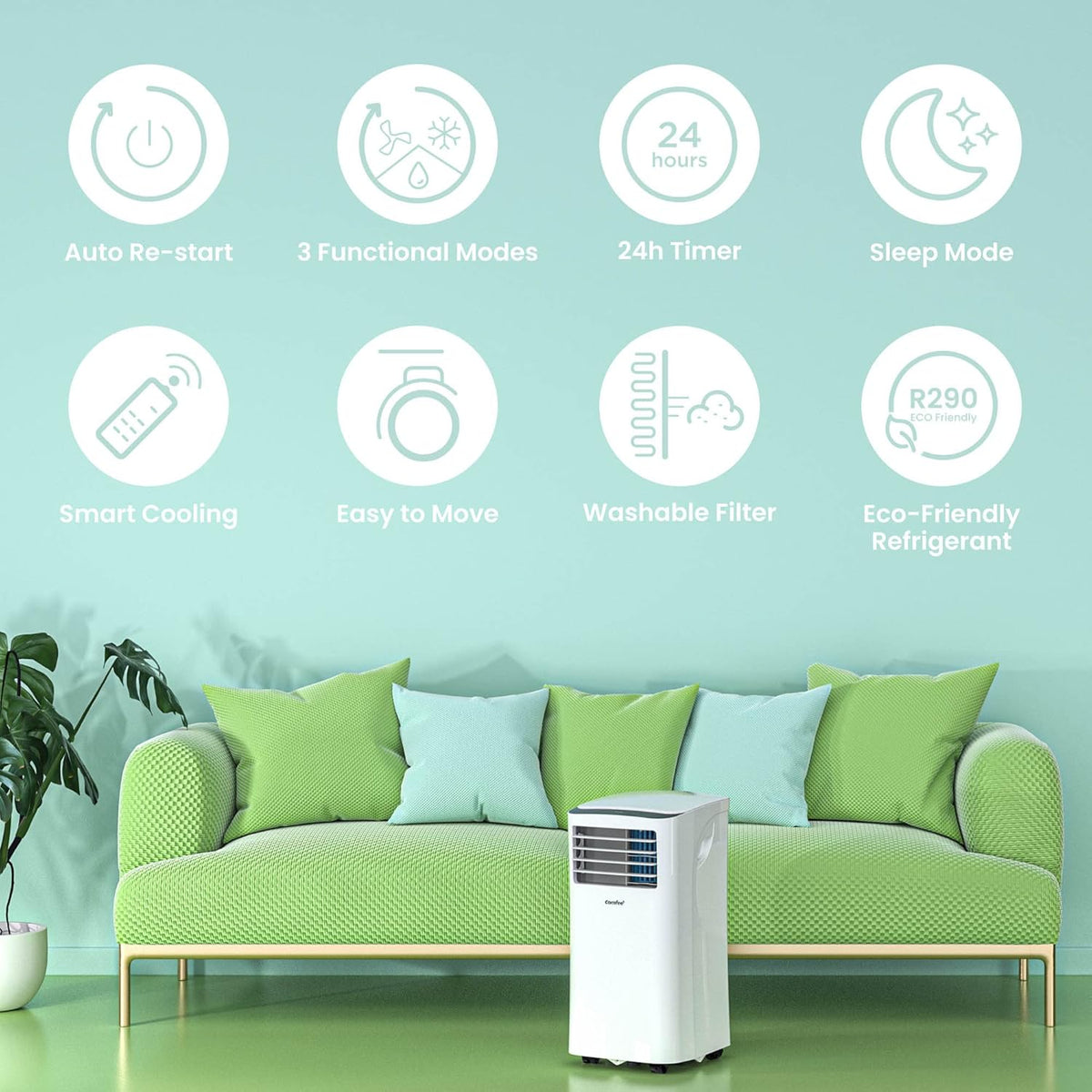 COMFEE' Climatiseur Mobile 9000 BTU/h 2,6kW, 3-EN-1 Refroidisseur Déshumidificateur Ventilateur, Fonction Follow me, Minuterie, Mode nuit, Pour salon et maison de 33㎡/88m3, MPPH-09CRN7, R290