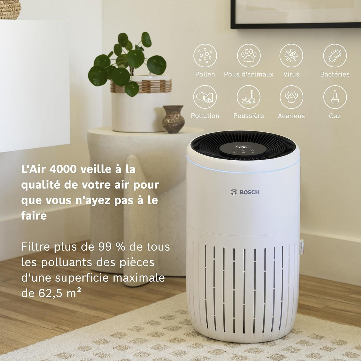 Bosch Air 4000 - Purificateur d'air - Pour les pièces jusqu'à 62,5 m2 - Filtre efficacement plus de 99% des polluants - Un capteur intelligent, modes auto et silence (< 25 dB(A)) - CADR : 300 m3/h
