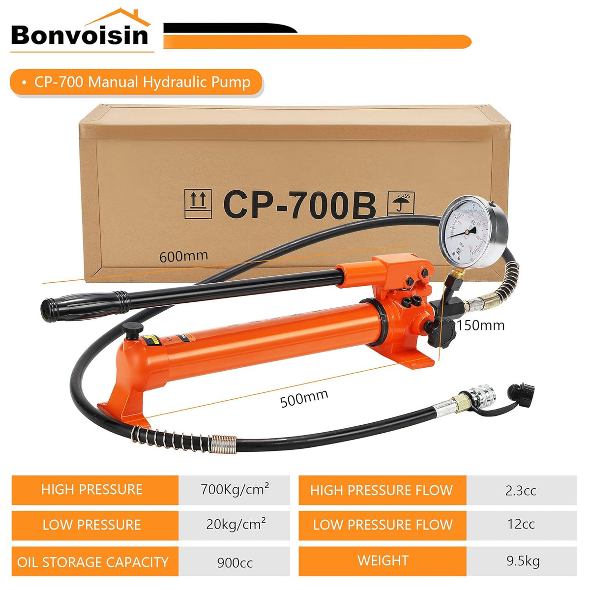 Bonvoisin CP-700 Pompe Hydraulique Manuelle  avec Manomètre  Haute Pression 700 kg/cm2  Teneur en Huile 900cc  pour des Outils Hydrauliques