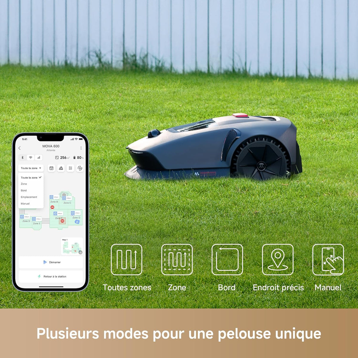 MOVA 600 Robot Tondeuse Installation sans Fil, cartographie 3D-LiDAR jusqu'à 600 m2, évitement Intelligent des Obstacles. Contr?le Via App, Coupe en U, Silencieux, alertes de sécurité.