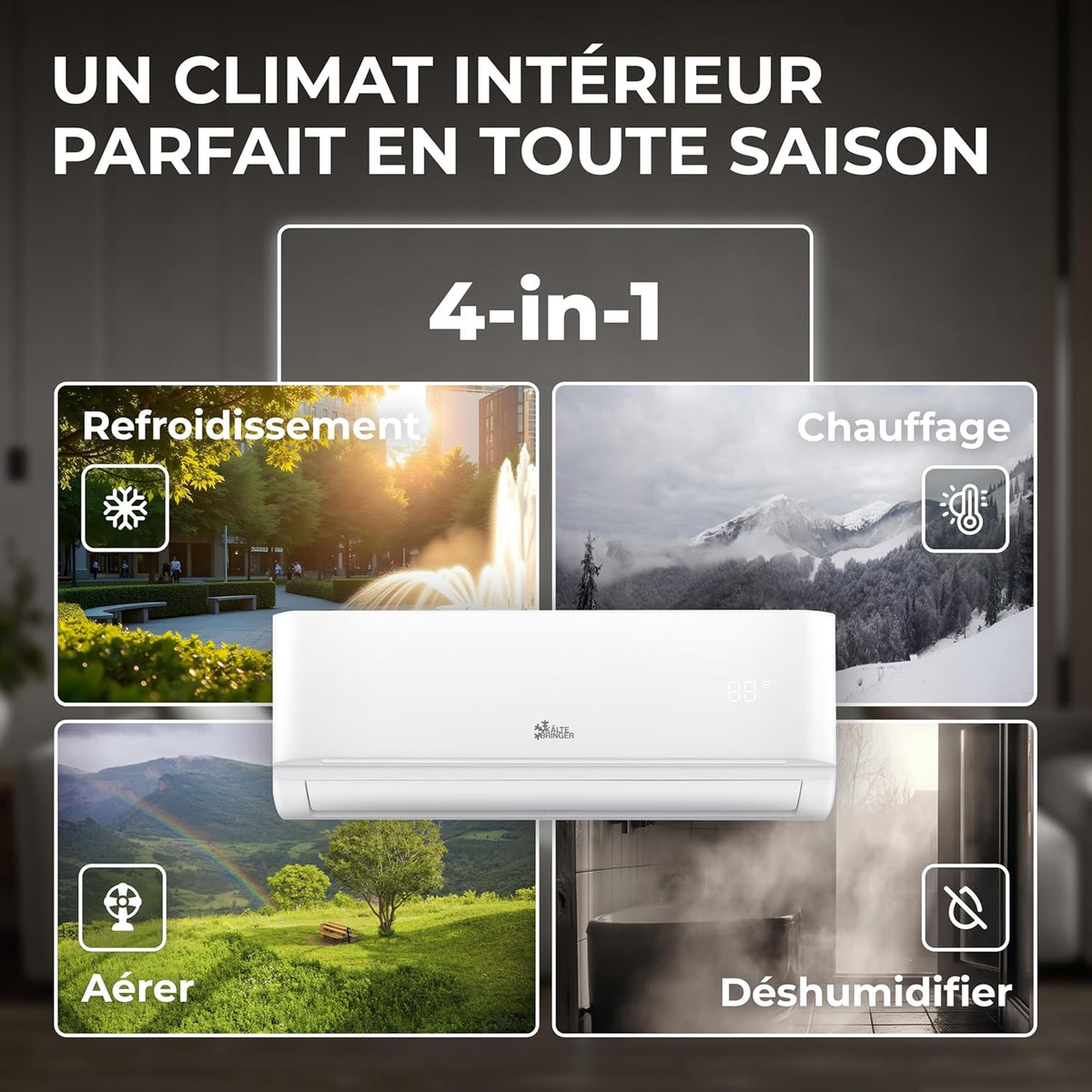 K?ltebringer Climatiseur Split - 12000 BTU - 3 5 kW - Avec fonction chauffage  WiFi et App - très silencieux & économe en énergie  avec support mural - Marque de qualité Allemande