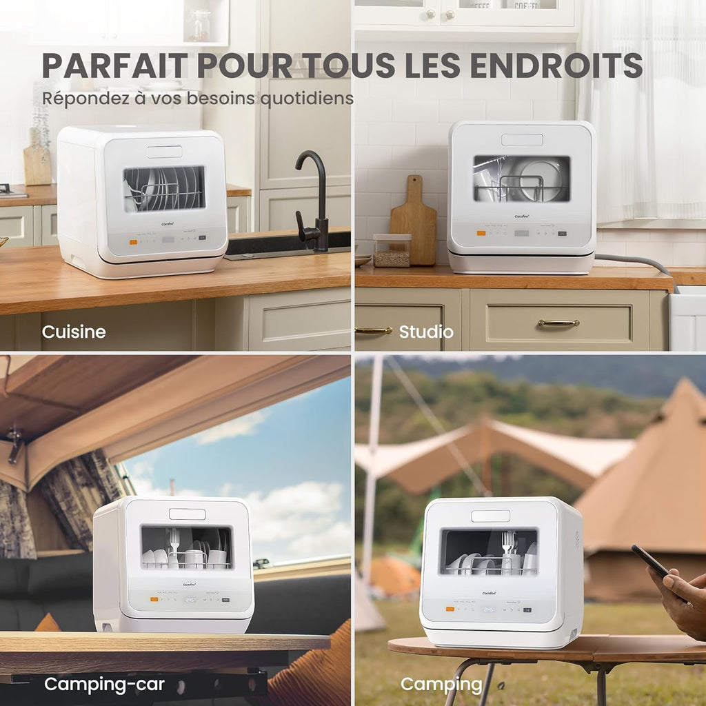COMFEE' Lave-vaisselle de comptoir, mini lave-vaisselle de table avec 6 programmes, lavage à la vapeur,Soins pour bébé et lavage des fruits, sans plomberie, démarrage différé, 72Heures stockage, blanc