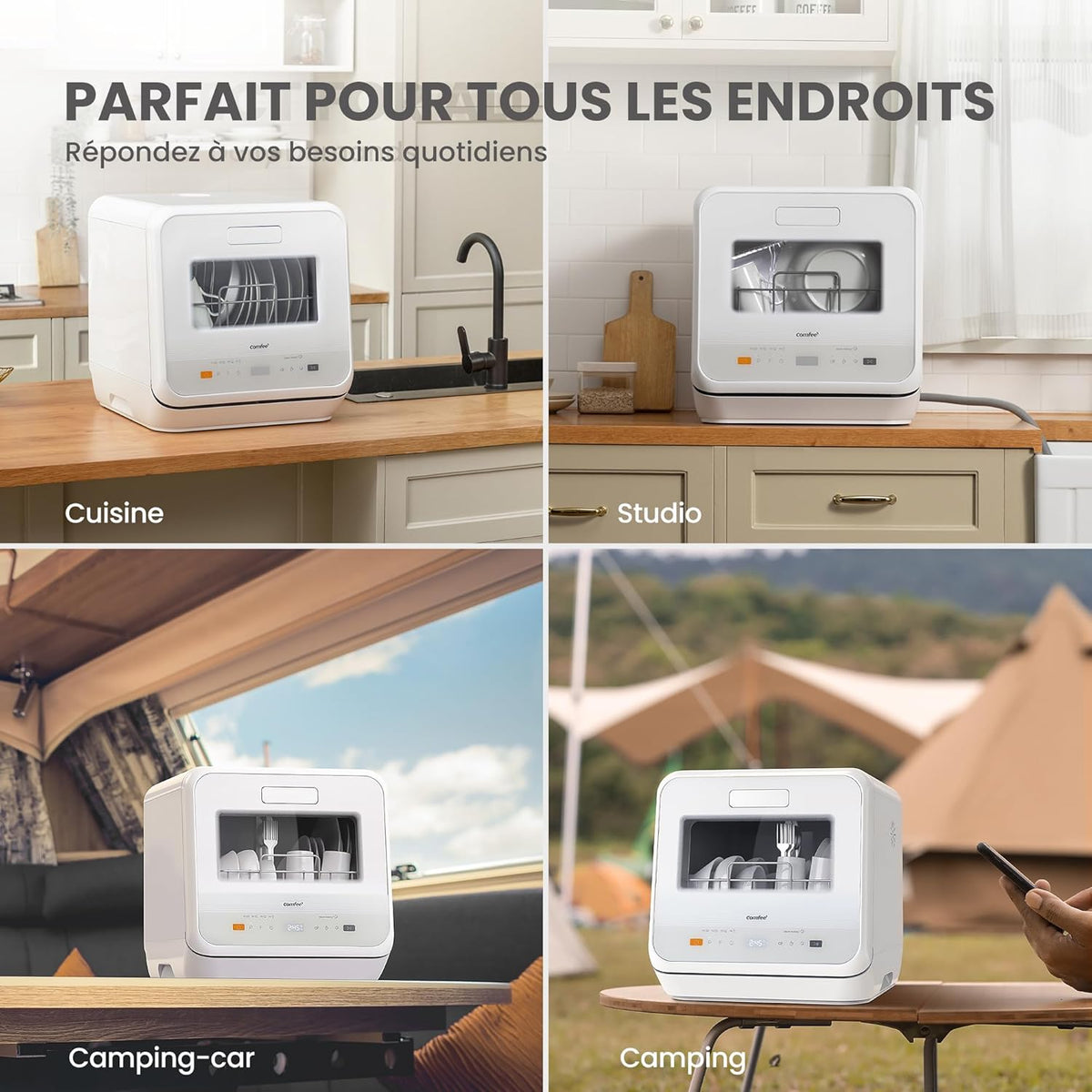 COMFEE' Lave-vaisselle de comptoir, mini lave-vaisselle de table avec 6 programmes, lavage à la vapeur,Soins pour bébé et lavage des fruits, sans plomberie, démarrage différé, 72Heures stockage, blanc
