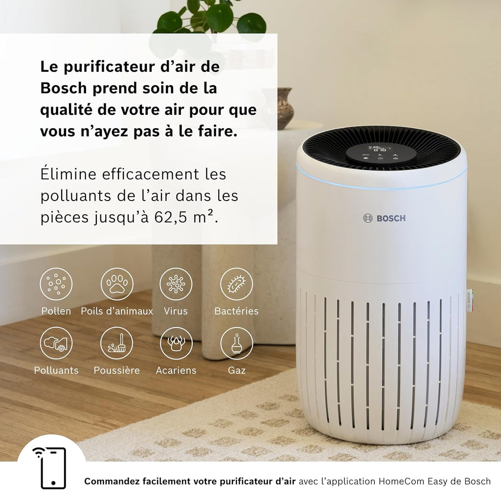 Bosch Air 4000i - Purificateur d'air intelligent - Couvre 62,5 m2 - Filtre efficacement plus de 99% des polluants - Mode Auto/Sommeil (< 25 dB(A)) - CADR : 300 m3/h - Connectivité avec écran et app
