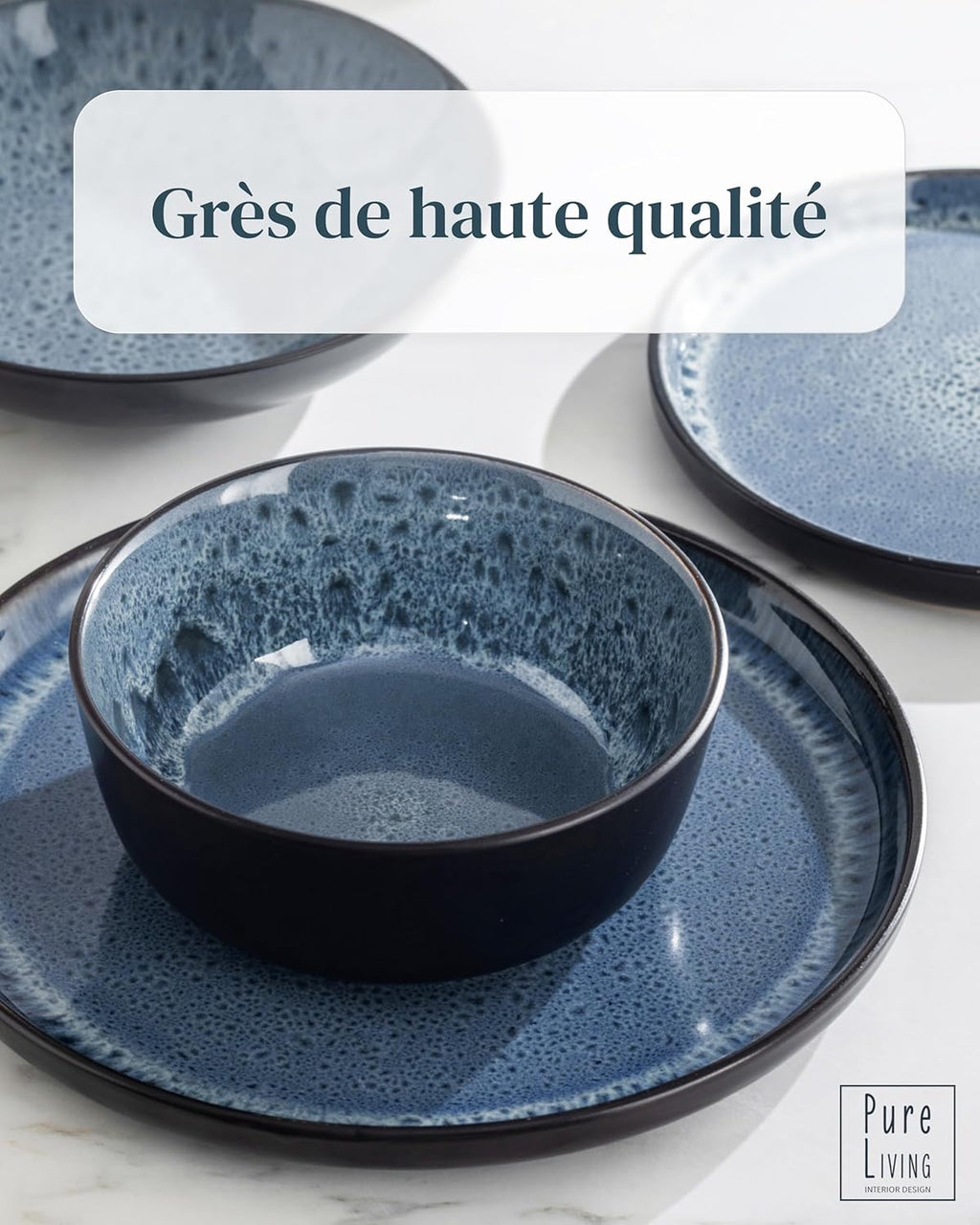 Service de Vaisselle en Grès Ibiza 36 pièces –Ensemble de Vaisselle pour 12 Personnes, Adapté au Lave-Vaisselle et au Micro-Ondes, Pure Living bleu fumé, Assiettes Service de Table