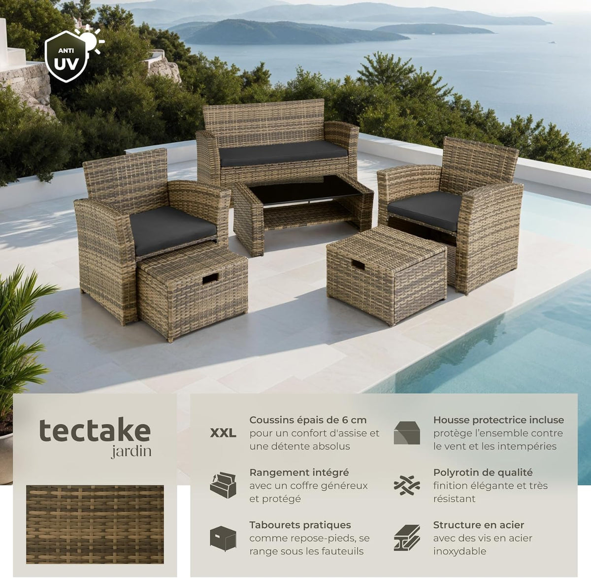 TecTake? Ensemble Salon de Jardin Exterieur en Poly Rotin 1 Banquette Exterieur 2 Fauteuil 2 Tabouret et 1 Table de Jardin, Mobilier de Jardin pour Amenagement Balcon - Marron Naturel