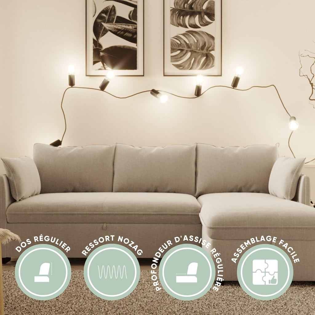BUDWING Orlando Canapé Convertible d'angle Lit Chaise Longue Coffre Réversible Droite et Gauche Beige
