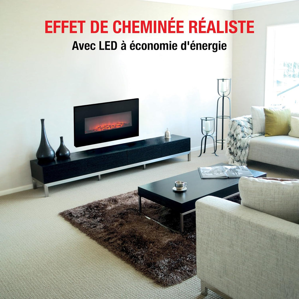 Classic Fire Cheminée Electrique Memphis - Cheminee Decorative 1800W - Cheminée électrique avec Effet Flame, Chauffage, Télécommande et Minuterie - Fixation Murale - Noir