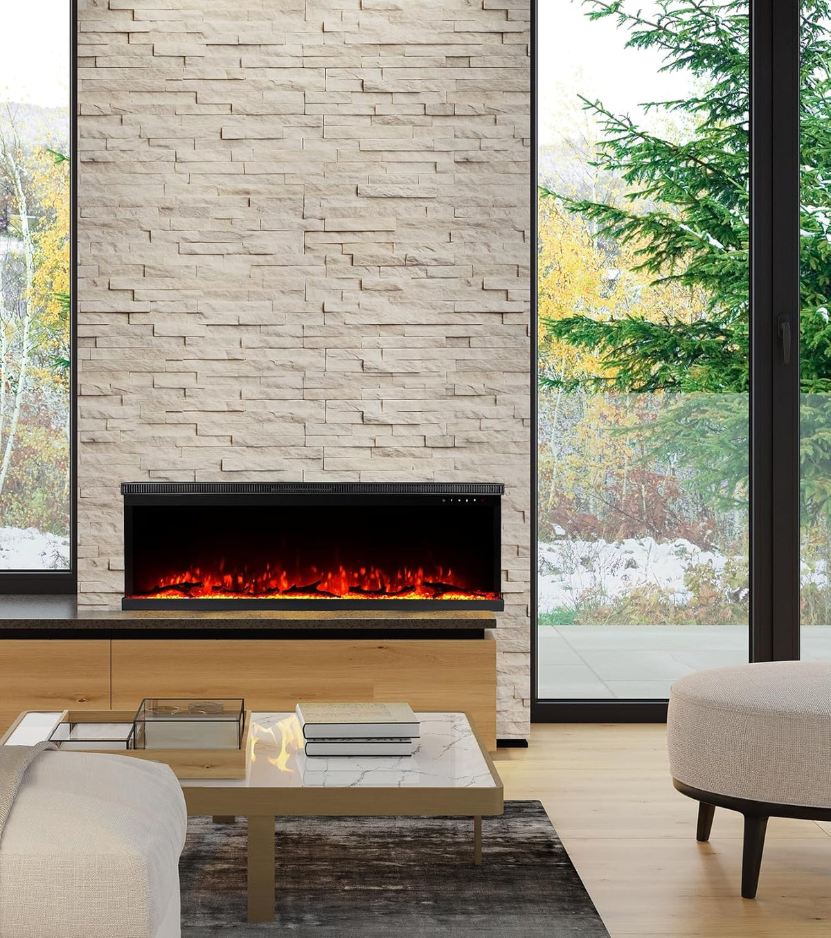 M.C.Haus Cheminée Electrique de Luxe à 3 Faces avec 3 Possibilités D'installation, Cheminée Encastrée dans Un Mur Multimédia, Effet de Flamme Electrique avec 9 Couleurs, 1800W, 127cm/50inch, Noir