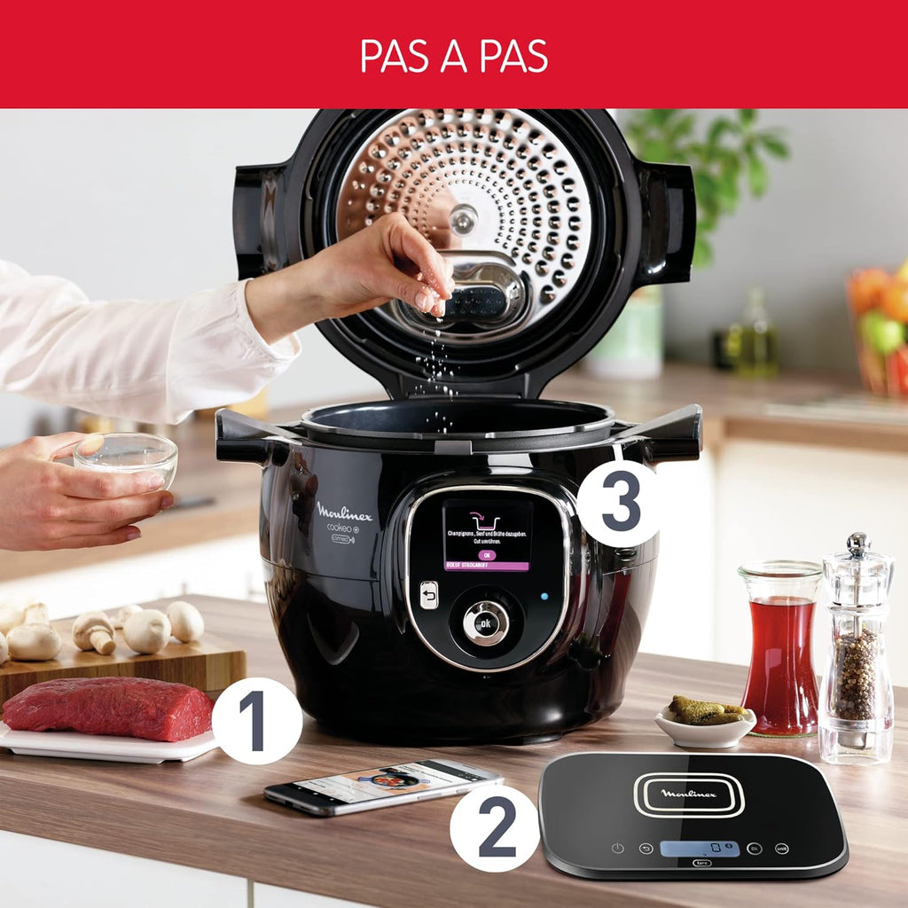 Moulinex Connect Multicuiseur Intelligent Haute Pression Balance et Moule Inclus 6L 200 Recettes 6 Modes de Cuisson Guide Pas à Pas Application Mon Cookeo CE859800, 6 liters, Noir