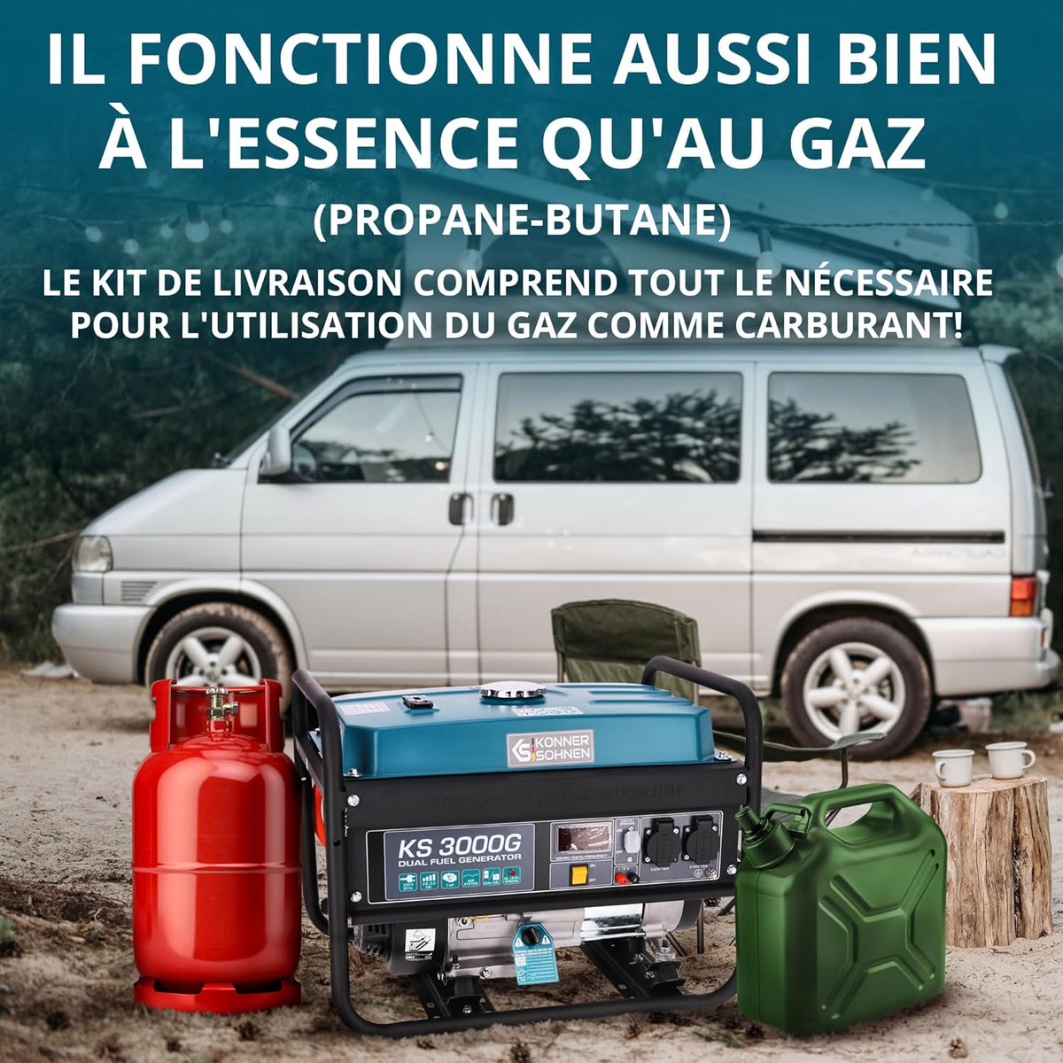 Groupe électrogène à essence KS 3000G generateur a gaz,puissance max 3000 W, 2x16A Schuko (230 V) EURO-V, régulateur de tension AVR,enroulement cuivre,generateur de courant, générateur hybride
